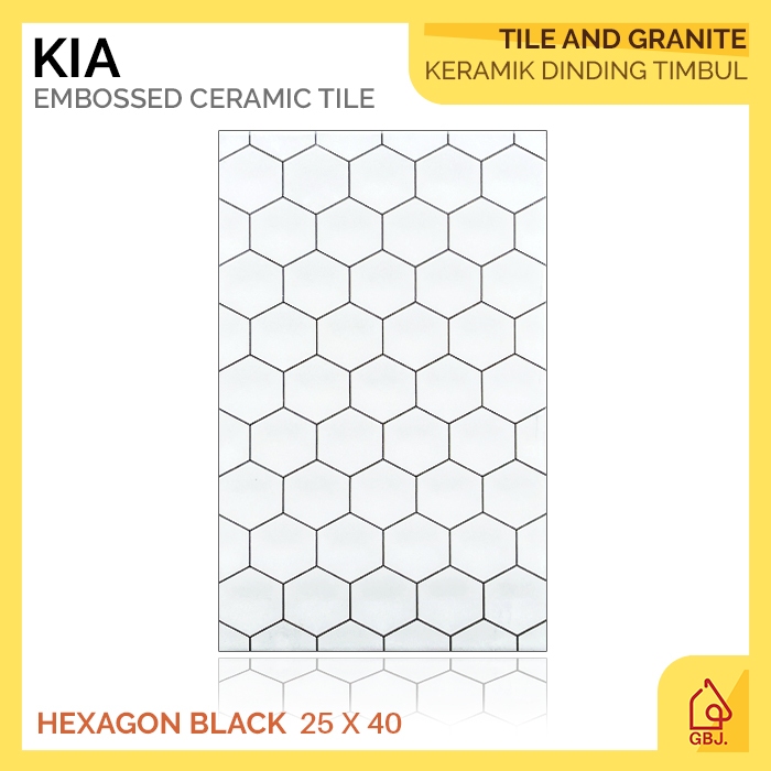 KERAMIK KIA 25 X 40 HEXAGON BLACK / KERAMIK DINDING HIAS MOTIF HEXAGON TIMBUL GLOSSY