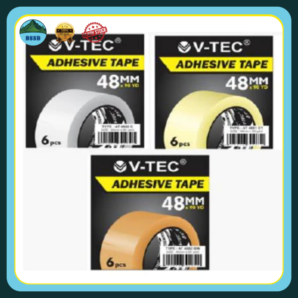 

V-Tec Isolasi Selotip Lakban | Warna Bening/Cokelat/ Bening Kekuning | Ukuran 12/24/45/48 mm yard