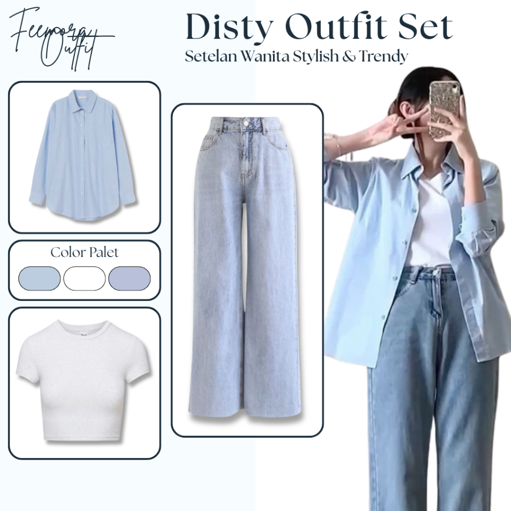 Setelan Wanita 3 In 1 (Kemeja Biru, Kaos Crop Putih, Jeans Snow Blue) Outfit Remaja Kekinian - FE2