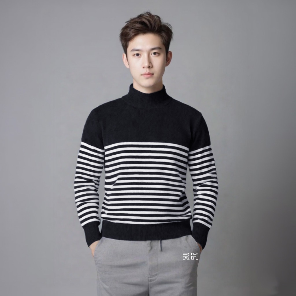 SWEATER RAJUT PRIA TURTLENECK KOREAN STYLE - MOTIF BELANG HITAM STRIP PUTIH RHcollections