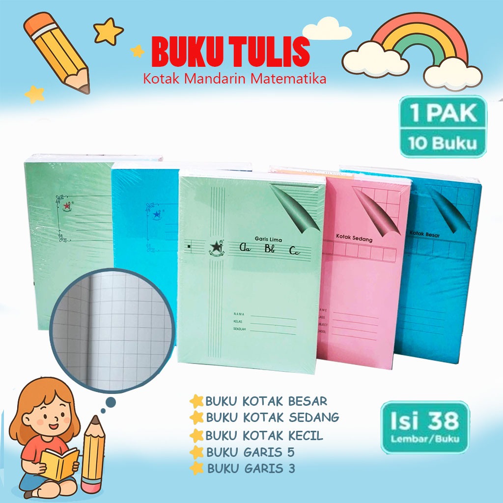 

10 Buku Tulis Kotak Besar Mandarin / Kotak Sedang / Kotak Kecil / Garis 5 / Garis 3 / Matematika Bintang Obor 38 lembar