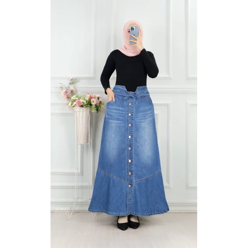 ROK JEANS SPAN KANCING PANJANG DENIM NYAMAN