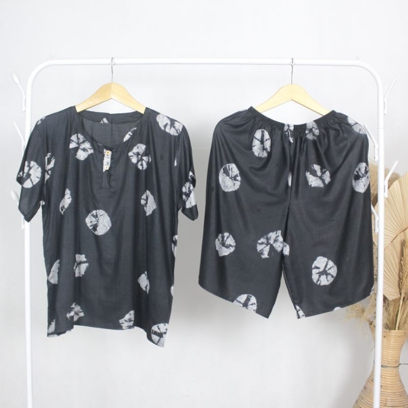 Setelan Baju Tidur Wanita Lengan Pendek Piyama Celana Pendek Motif Jumput