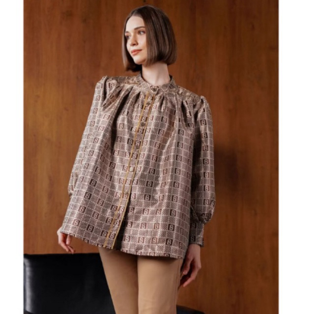 PLAID JACQUARD BUTTONSCARVES PLEATED SHIRT - BRONZE (920rb)