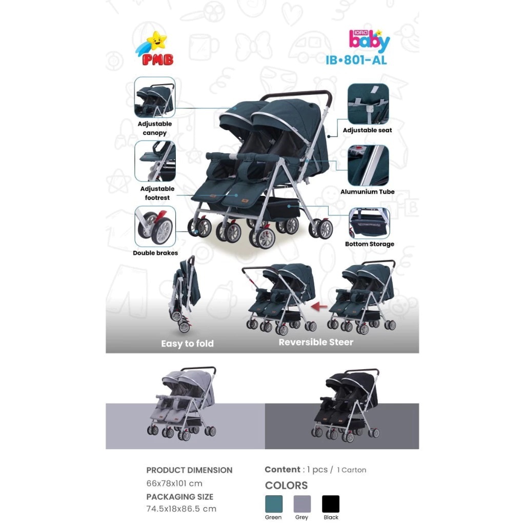 STROLLER ANAK KEMBAR IORA IB 801/BABY TWINS BISA 2 ARAH/KERETA DORONG KEMBAR/BABY STROLLER KEMBAR