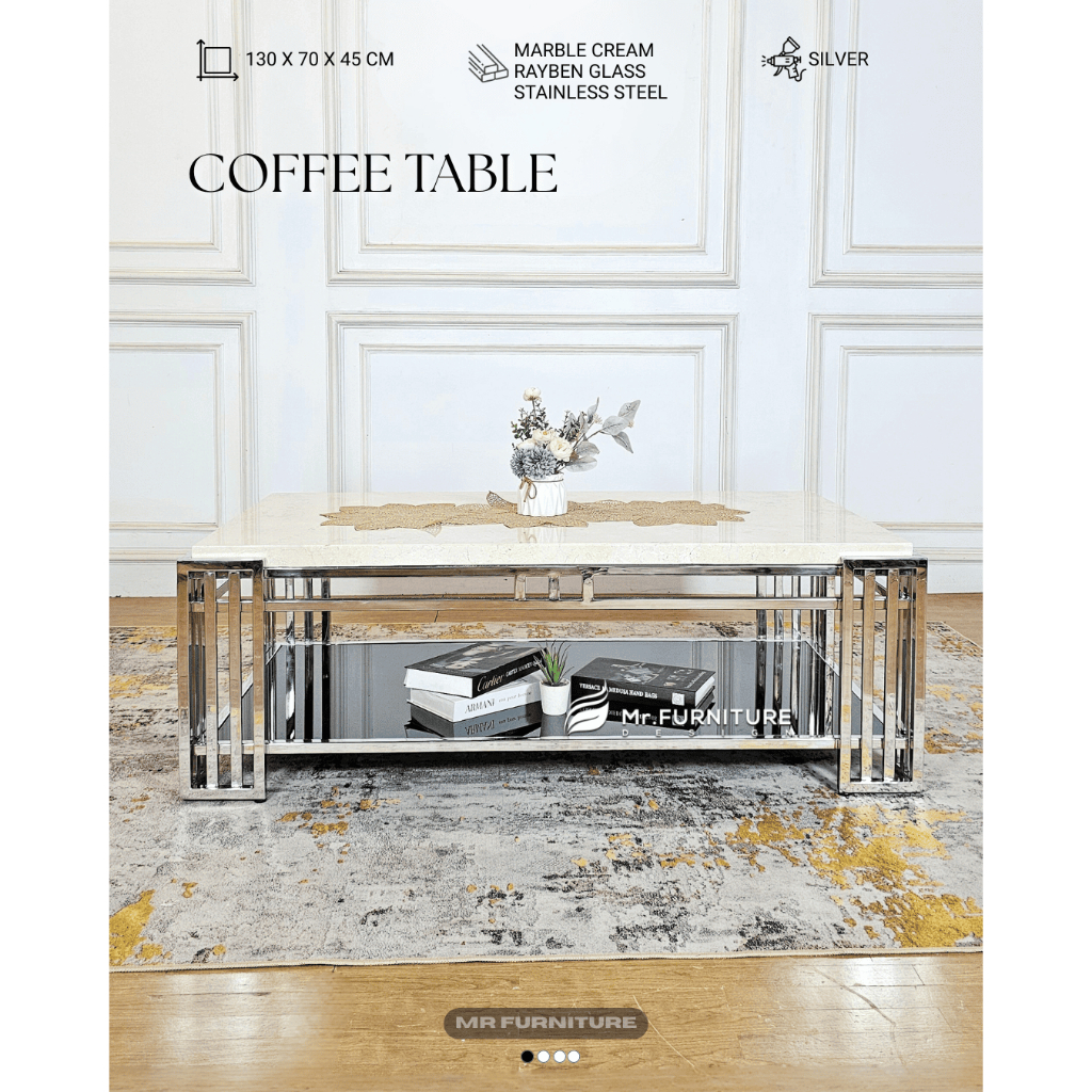 meja tamu kotak stainless silver marmer krem atas kaca hitam bawah 130x70x45 cm