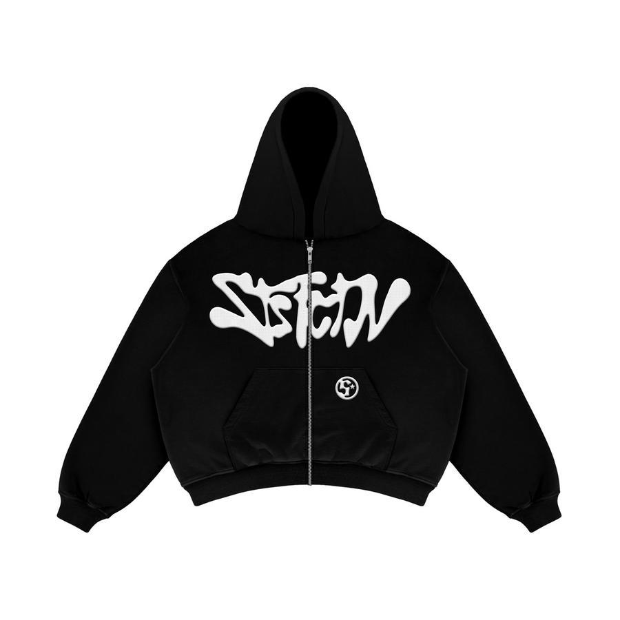 Sweater Hoodie Size Chart m- xxl - Satisfaction Hoodie Zipper Boxy 375GSM Starsy Puff Black