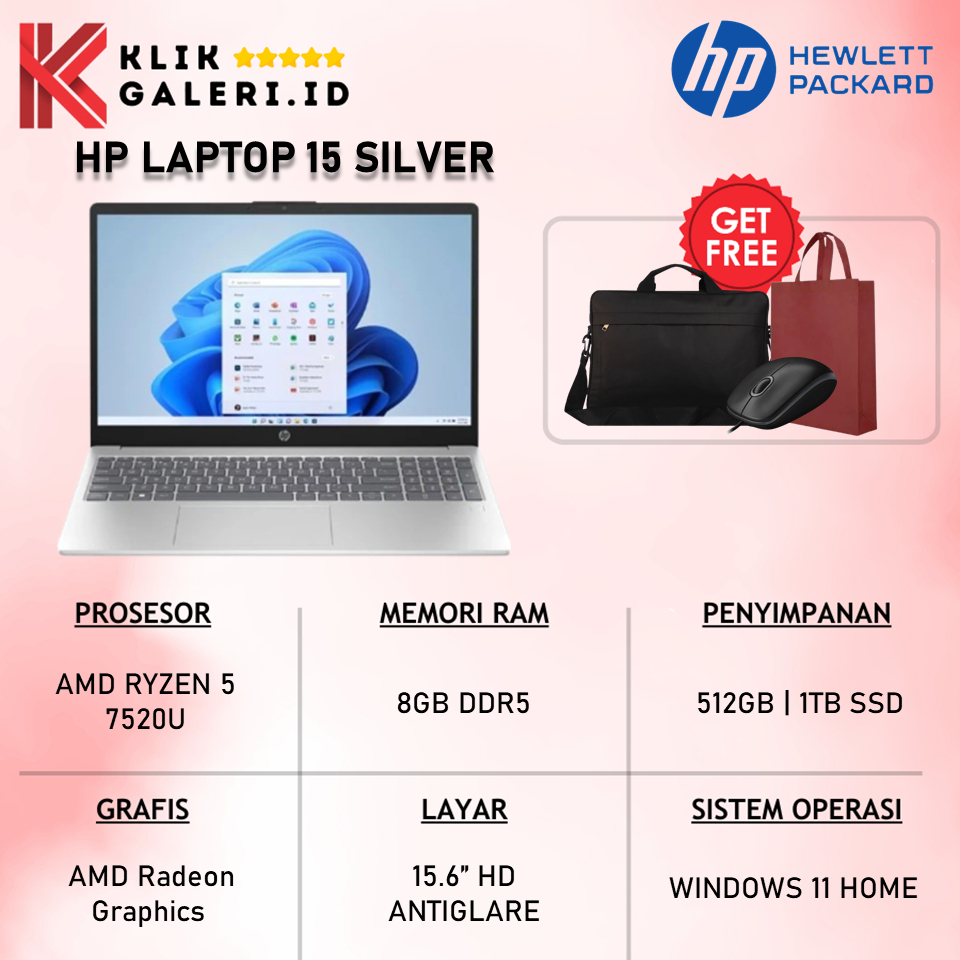 LAPTOP TERBARU HP 15 AMD RYZEN 5 7520U 8GB DDR5 1TB 15.6 TOUCH WIN11HOME