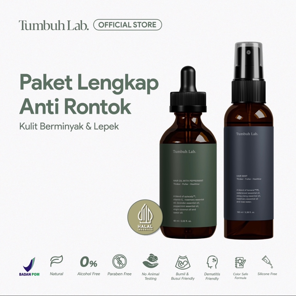 Paket Lengkap Anti Rontok Solusi Rambut Lepek - Tumbuh Lab Hair Oil Peppermint +Tumbuh Lab Hair Mist