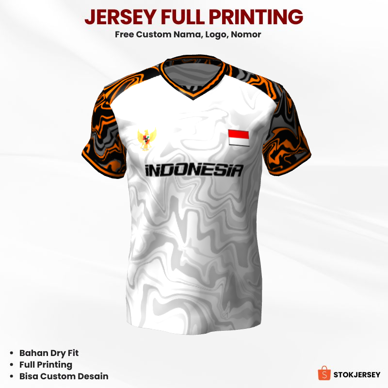Kaos Jersey Futsal Putih Hitam Orange Motif Abstrak 388 - Jersey Olahraga Custom