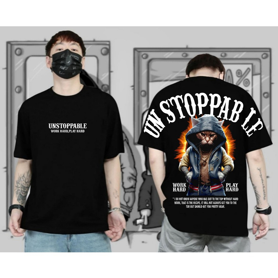 Kaos Distro pria Kaos Motif Unstoppable Hitam Baju Kaos Lengan Pendek Keren Kaos Kata Kata Viral Ata