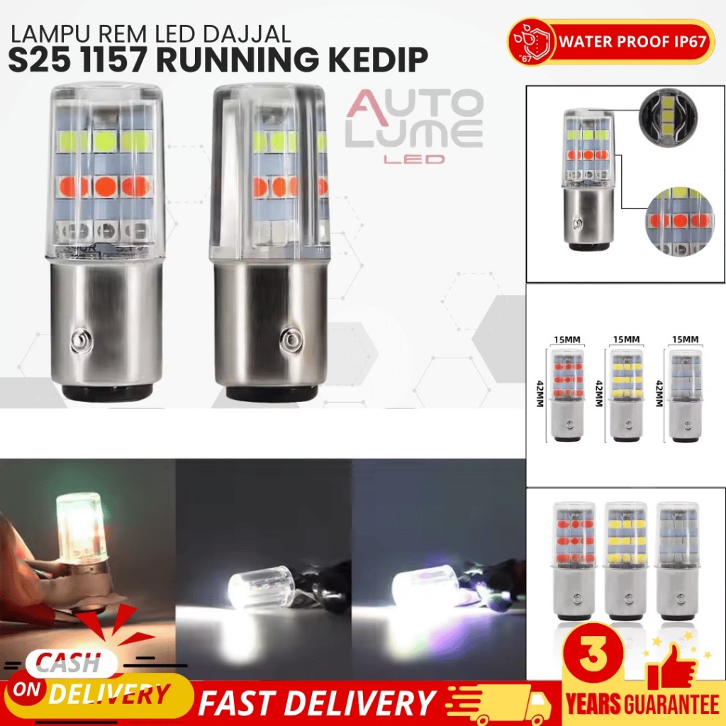 AUTOLUME Lampu Rem LED S25 1157 - 2 Mode: Running Kedip FLASH + RGB Pelangi, 12V Universal | Garansi