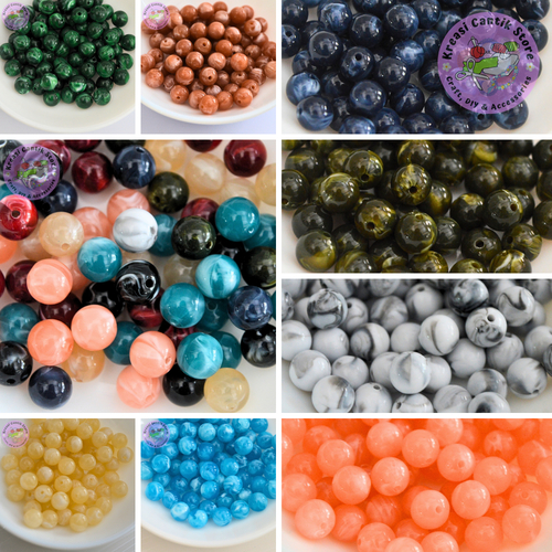 Manik-Manik / Mote Bulat Corak Marmer / Manik Motif Marmer 10mm Warna-Warni