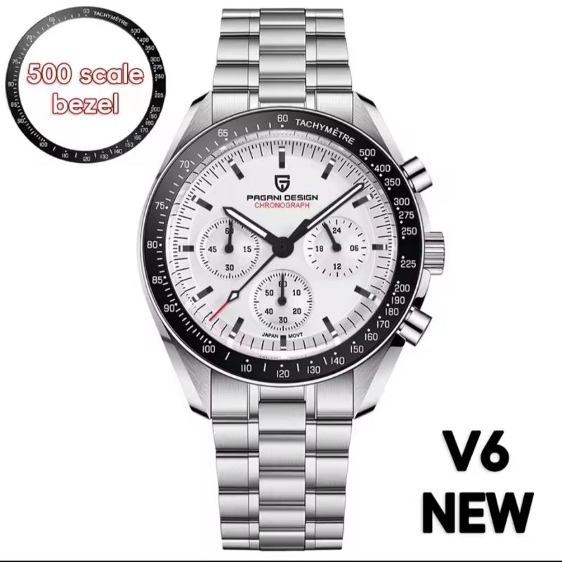 NEW PAGANI DESIGN SPEEDMASTER MECAQUARTZ SEIKO VK63 SAFIR DOME + AR COATING SOLID STEEL 316 L WR 100