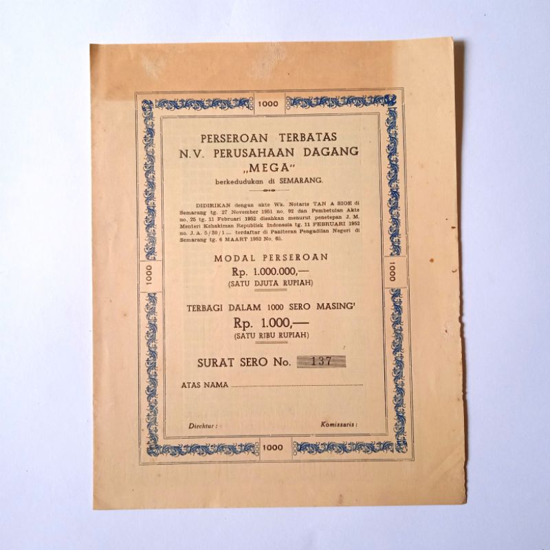

Antik Surat Obligasi Lama NV.PERUSAHAAN DAGANG MEGA SEMARANG 1952 Utuh Tua