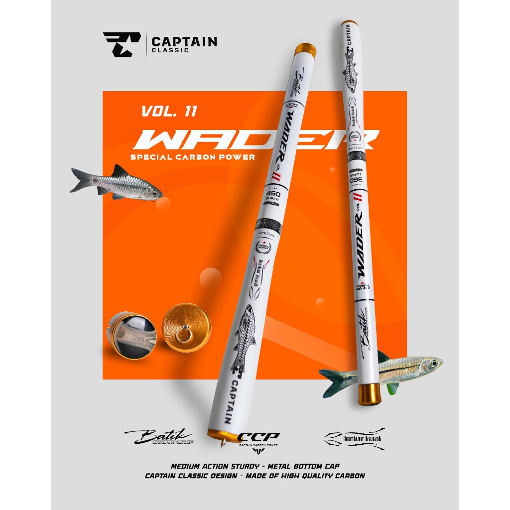 Tegek Captain Carbon WADER Volume 2, Ruas Ulir Motif Batik, Putih dan Ungu 1,8m Sampai 4,5m