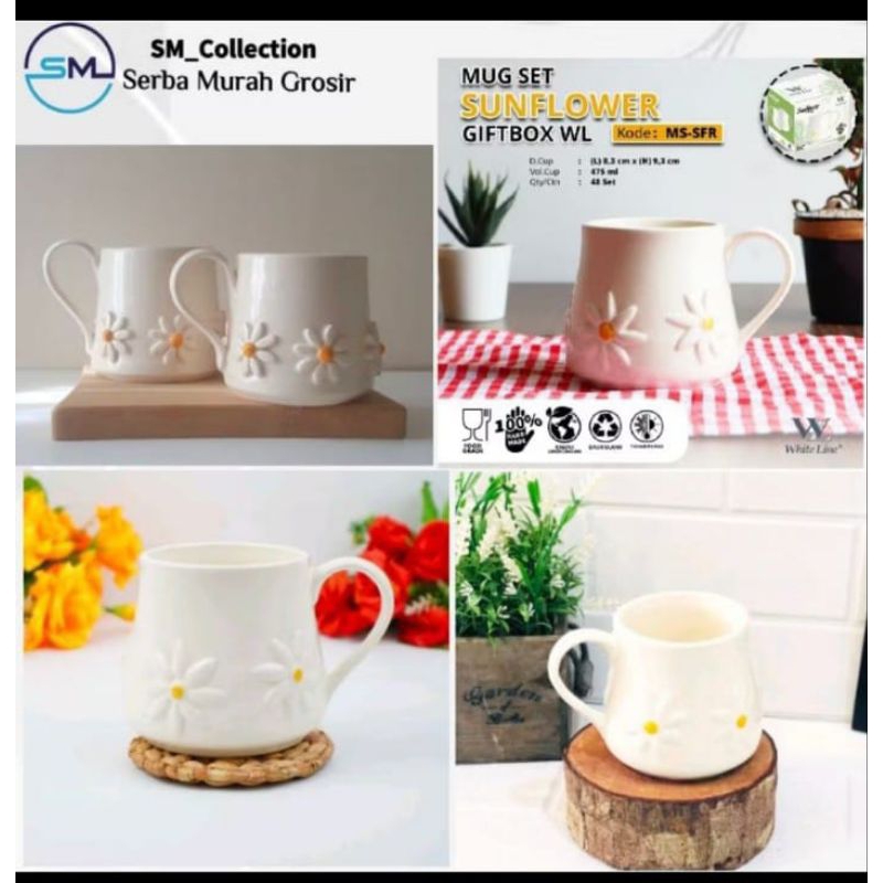 Mug Mawar/Mug keramik/Mug Bunga/Mug Whiteline Sunflower