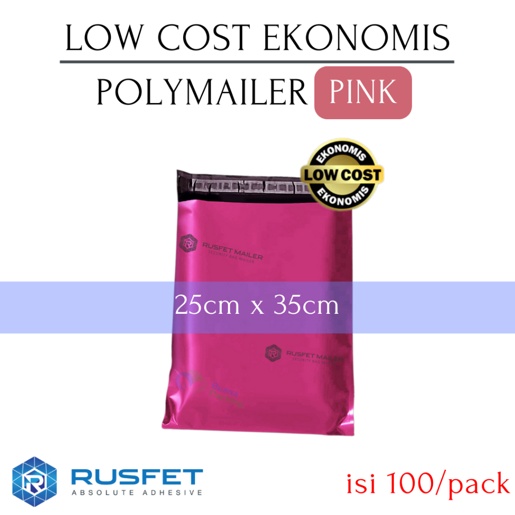 

RUSFET LOW COST POLYMAILER PINK - PLASTIK PACKING OLSHOP POLIMAILER SUPER EKONOMIS 25x35