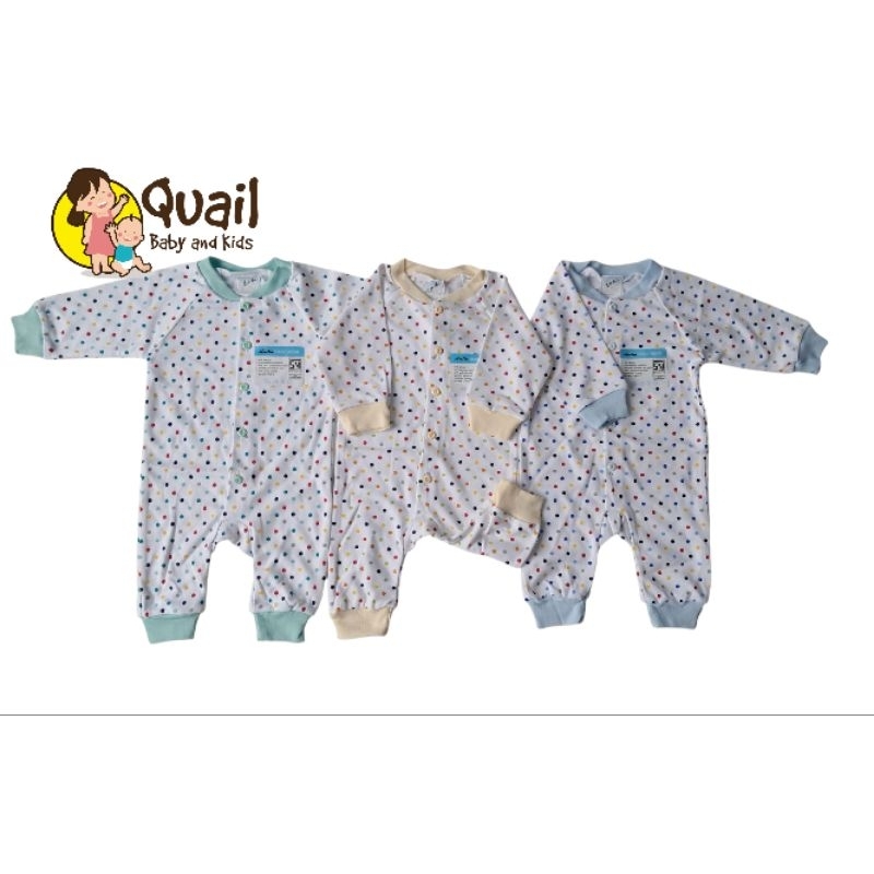 Arella Jumper Bayi (Baju Bayi Kodok) Baju Bayi Putih Motif Polkadot Buka Kaki Usia 0-3 Bulan