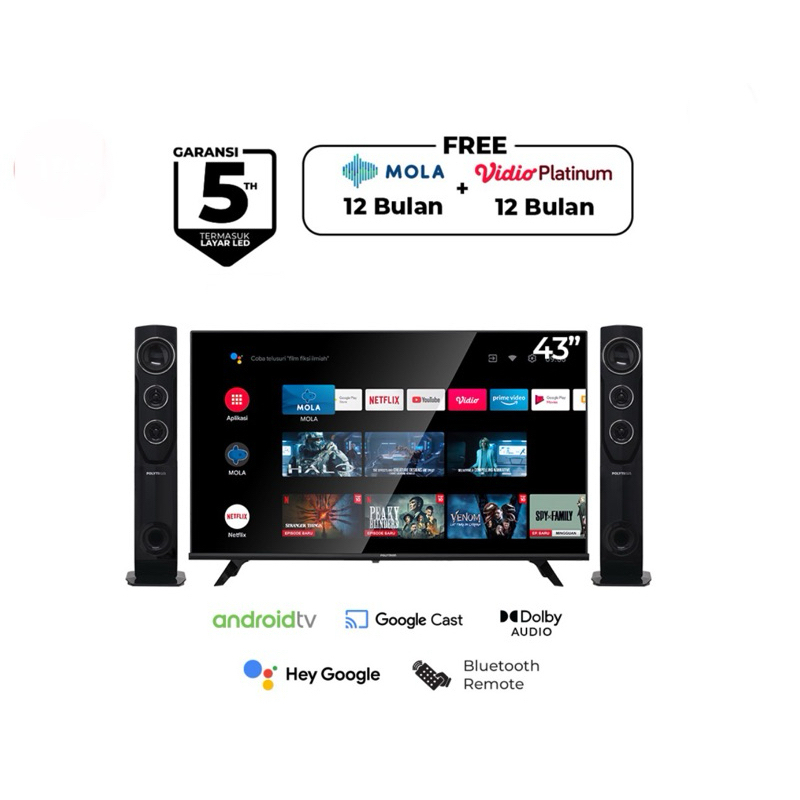 Led Polytron 43 Inch Smart Android TV Tower Speaker PLD-43TA5055 / Polytron 43 Inch Android TV