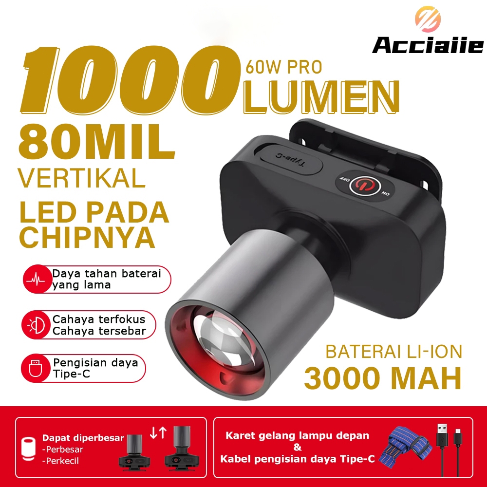 Acciaiie Senter Kepala Super Terang Anti Air Senter Kepala Zoom 1000 Lumen