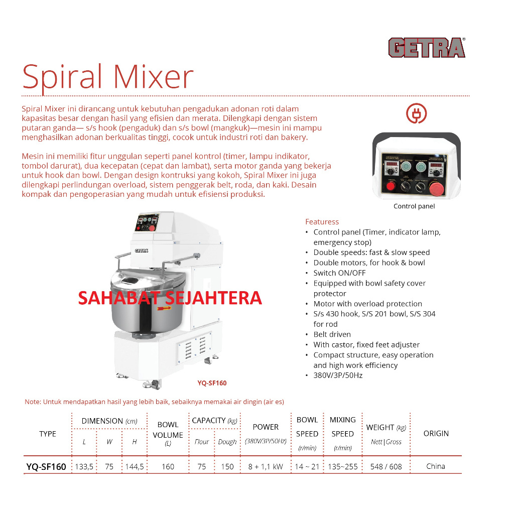 GETRA Spiral Mixer Roti Adonan Tepung YQ-SF160 | Mesin Pengaduk Adonan Kental Heavy Duty