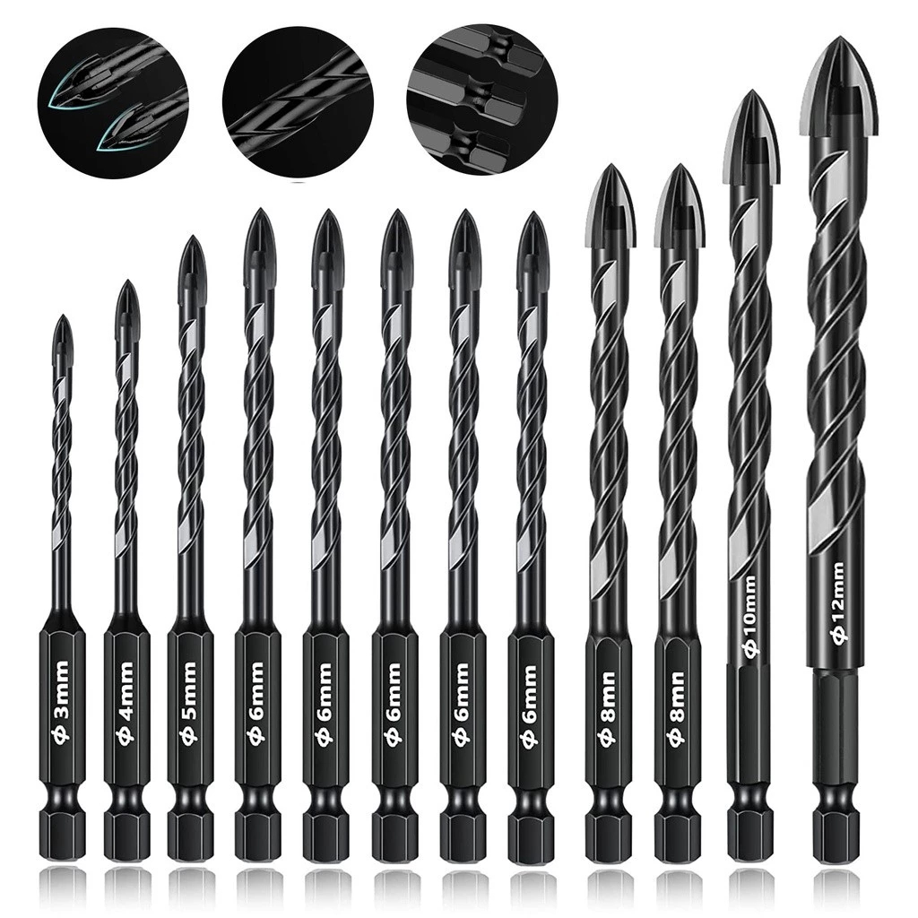 12pcs Mata Bor Cross Hex 3-12mm Mata Bor Hex Bahan Alloy Untuk Melubangi Kaca / Keramik / Beton