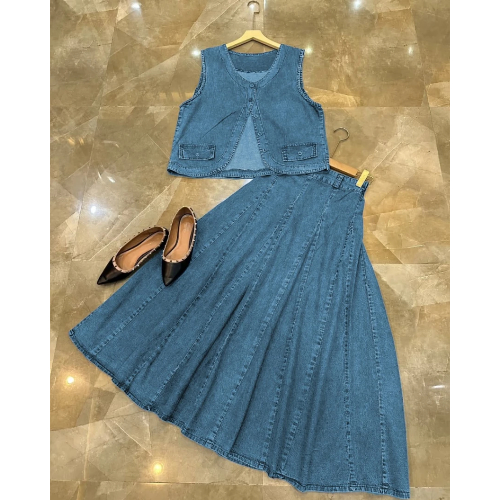 One Set Wanita Kekinian Viral Monalisa Vest Set WD Bahan Jeans Size M L XL XXL XXXL Baju Setelan Ves