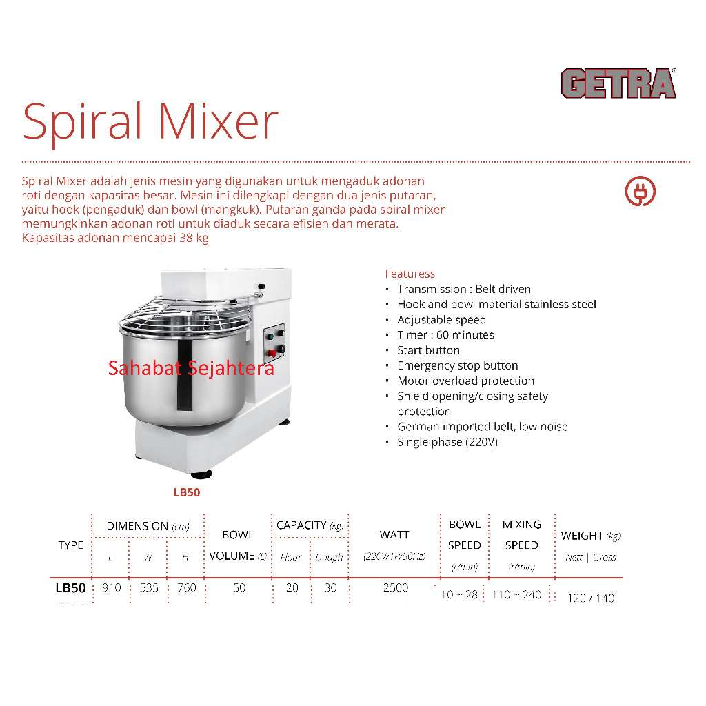GETRA Spiral Mixer Roti Adonan Tepung LB50 | Mesin Pengaduk Adonan Kental Heavy Duty