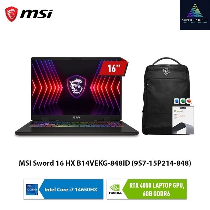 Laptop MSI Sword 16 HX B14VEKG-848 intel Core i7-14650HX ram 16GB ssd 512GB RTX 4050 16" 165Hz W11 O