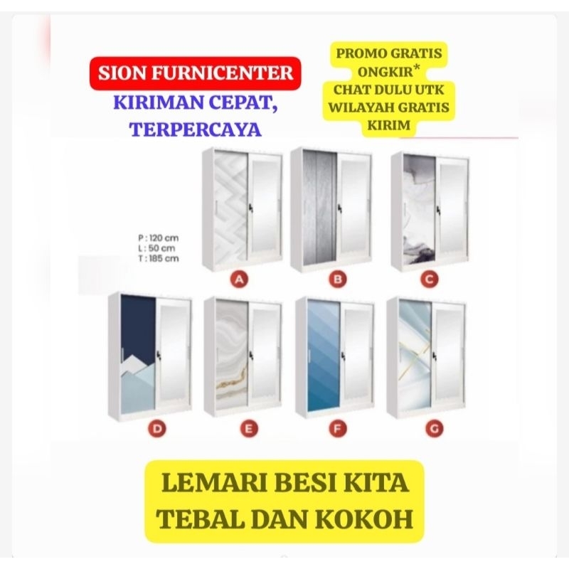 Lemari Baju Sliding Besi Motif Putih 2 Pintu - Furniture / lemari pakaian sliding besi plat tebal / 
