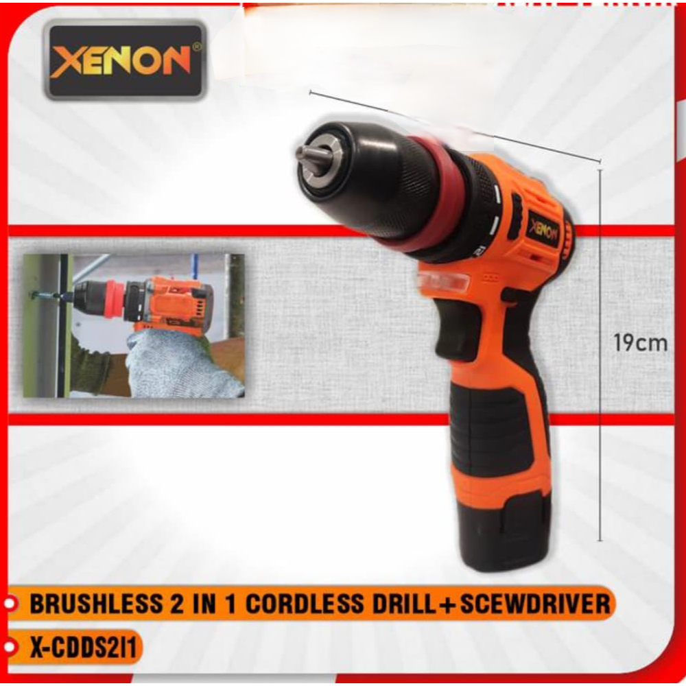XENON Bor + Screwdriver Brushless Baterai 12V - 2Fungsi Bor + obeng cordless 12 volt 2 baterai