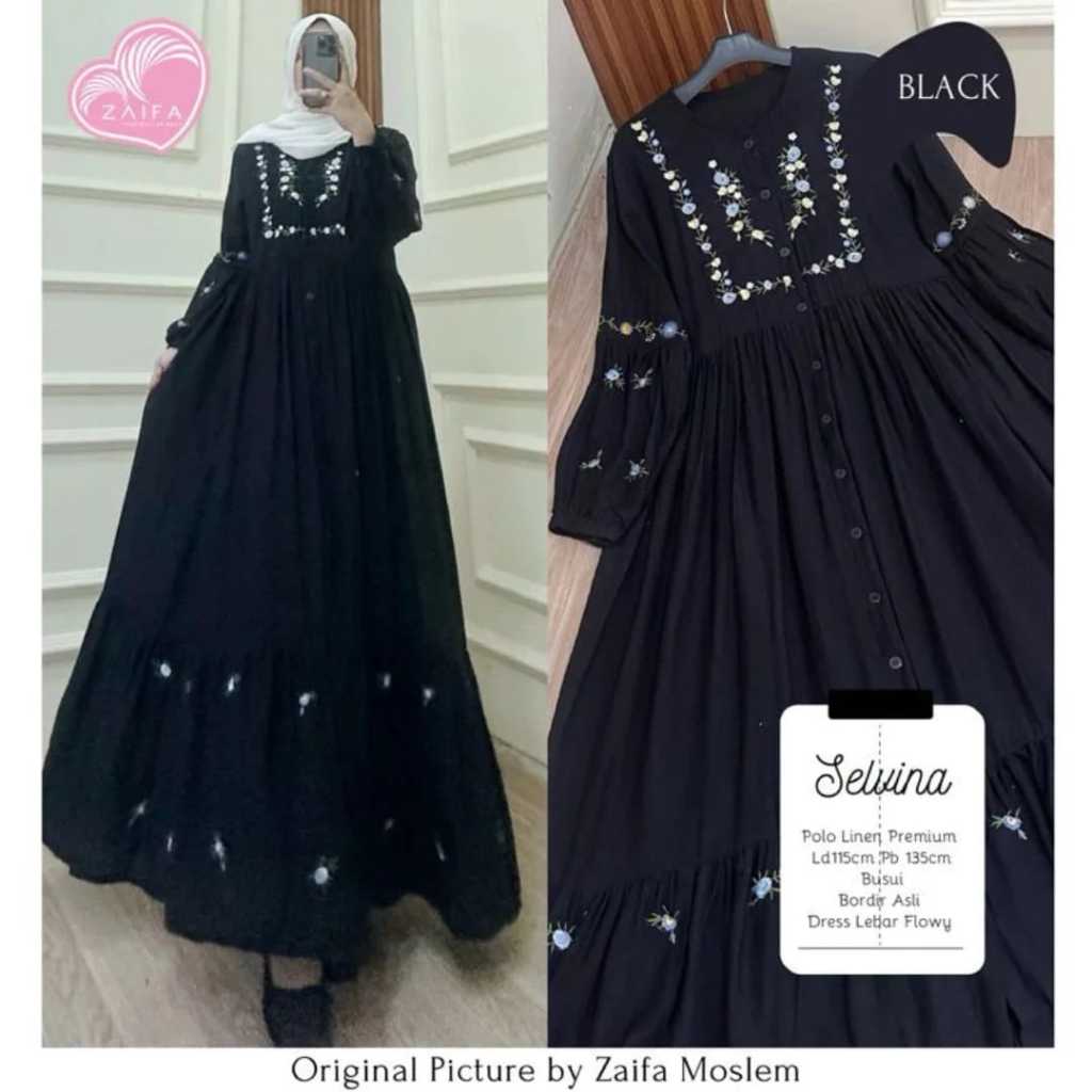 GAMIS BORDIR TERBARU 2025 /  SELVINA DRESS WANITA REMAJA AKSEN BORDIR MINIMALIS TERLARIS BAHAN LINEN