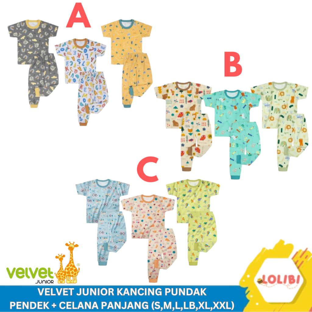 Velvet Junior Motif Terbaru Kancing Pundak Pendek + Celana Panjang - 3pcs