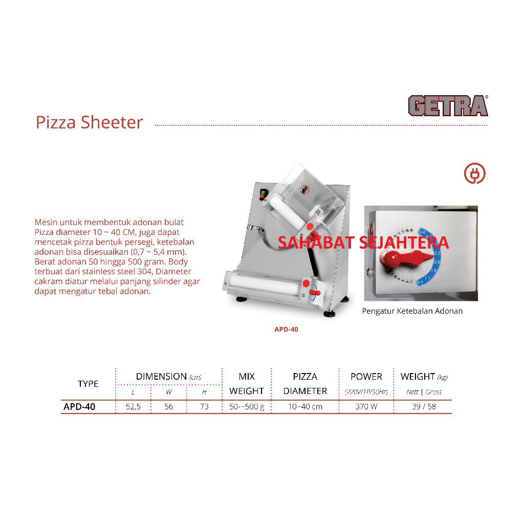 GETRA Pizza Dough Sheeter APD-40 - Mesin Giling Adonan Pizza/Roti/Pastry - Alat Tipis Adonan Pizza