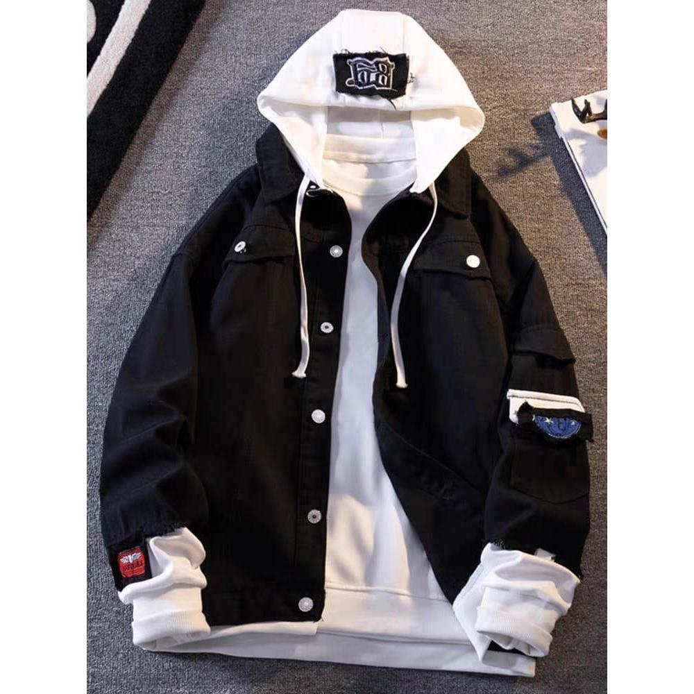 Jaket jeans denim pria kpombinasi kupluk lotto hitam putih keren casual distro