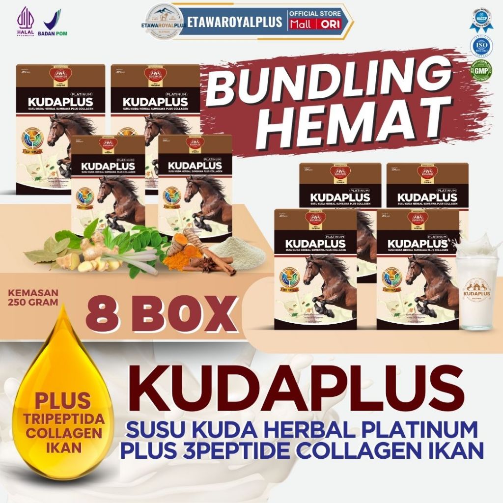 

Susu Kuda Lombok Herbal dengan Collagen Kudaplus 100% susu kuda liar Sumbawa Organik Paket 8 Box