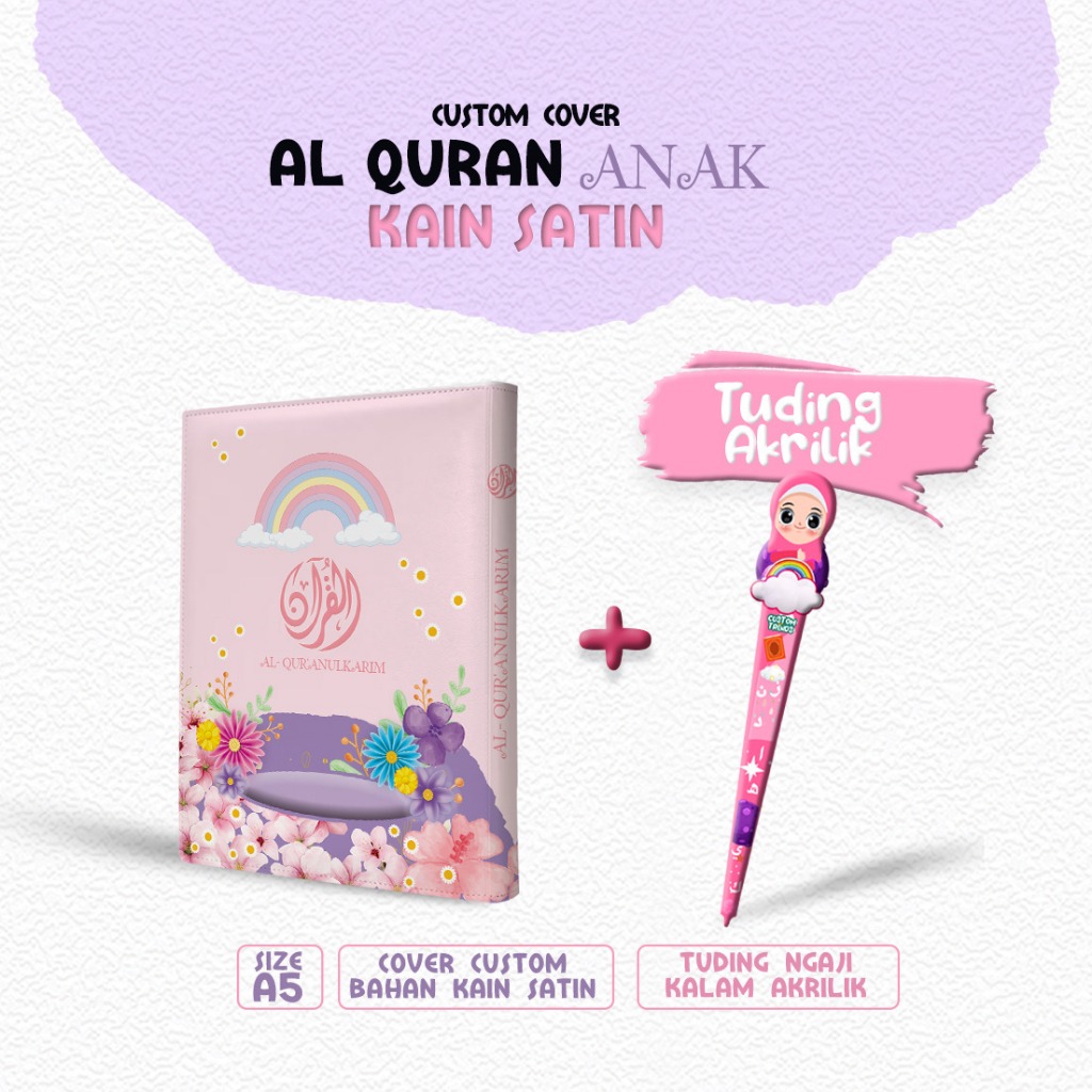 

gbm - Cover Al-quran Desain Anak Hanya Cover saja Bisa Custom Pakai Nama tanpa al-quran ukuran A5 Bahan Satin ( Banyak Varian Lebih Eksulisif ) Motif Merah Jambu