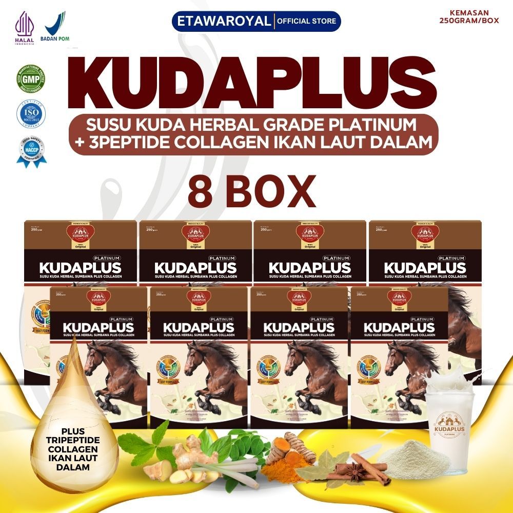 

Kudaplus Susu Kuda Lombok grade PLATINUM 100% Susu kuda liar Sumbawa Organik Plus Collagen Paket 8 Box