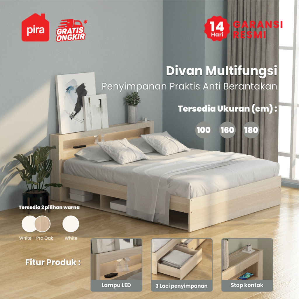 Pira - Samara BD160 Dipan / Ranjang / Tempat Tidur dengan Laci Penyimpanan dan LED
