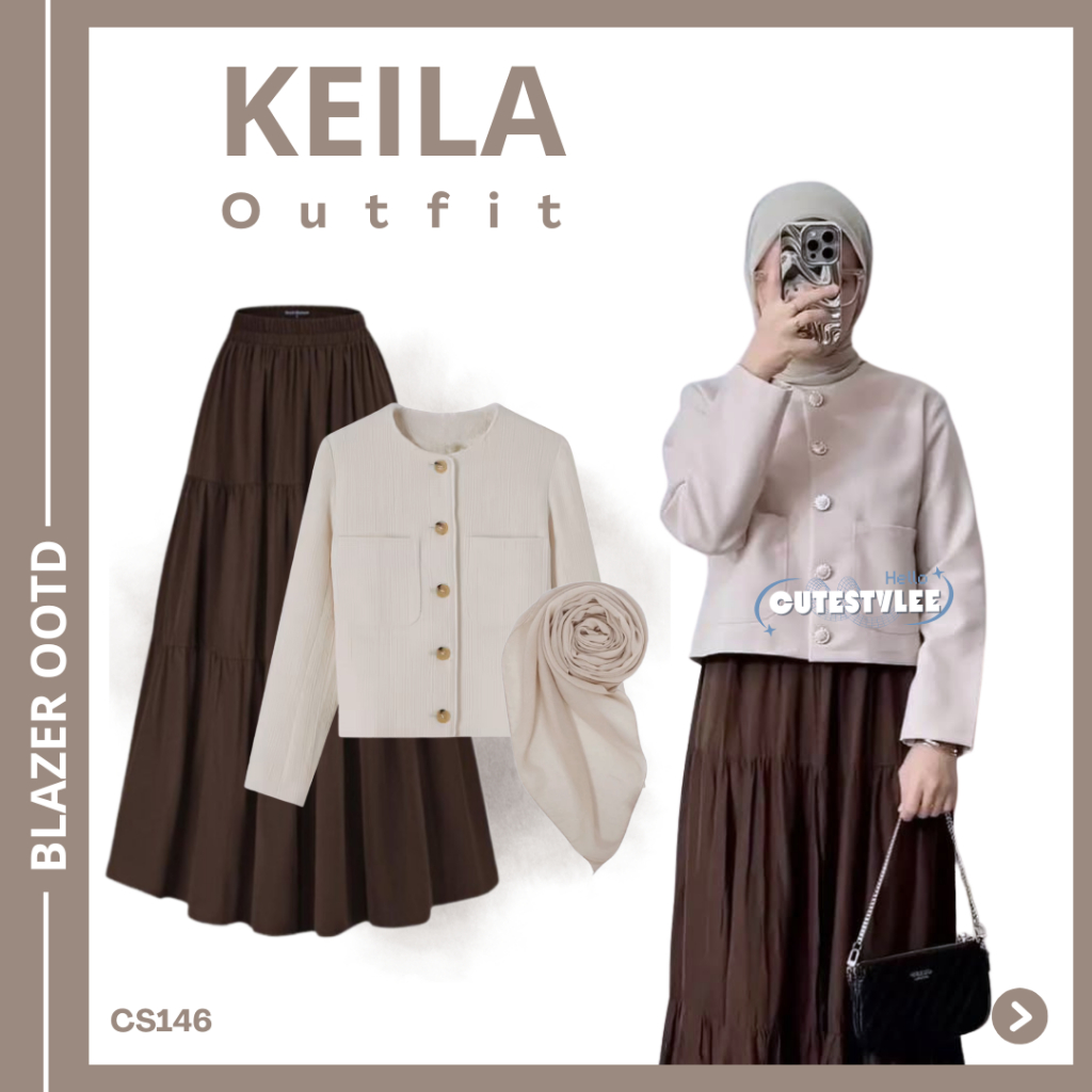 Penawaran Terbatas One Set Wanita Kekinian Korea Hijab Blazer, Rok Ruffle, Hijab Bella Square