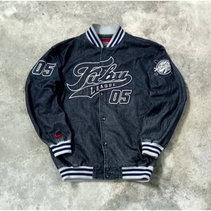 RARE Fubu League 05 Baseball Varsity Denim Jacket Fullbordir - Ecko - Sohk - Karl Kani - Joker Brand