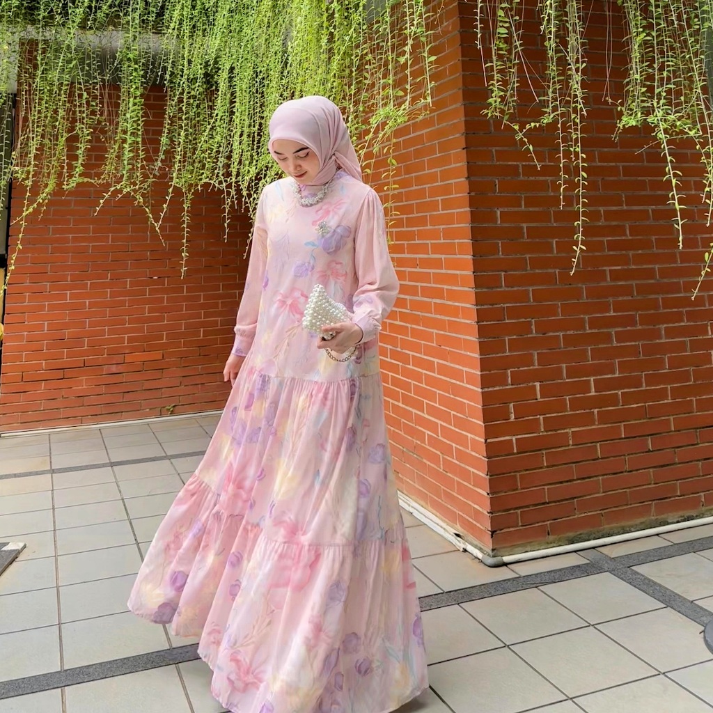 WAJIB PUNYA FANMU GAMIS MUSLIM MOTIF FLORAL WANITA GAMIS PINK PREMIUM
