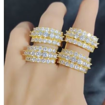 Titanium88 Cincin Wanita Motif Baris 3 LISTRING Full Permata Lapis Emas Anti Karat