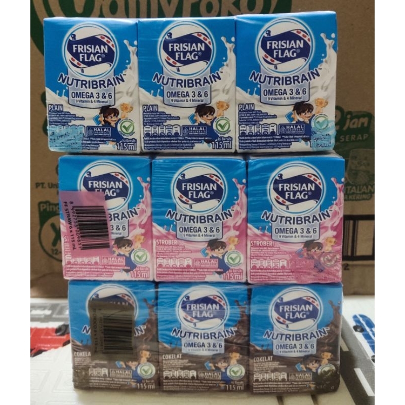 

Frisian Flag Nutribrain Susu UHT Cair Plain , stoberi Dan cokelat Kotak 6 x 115 ml