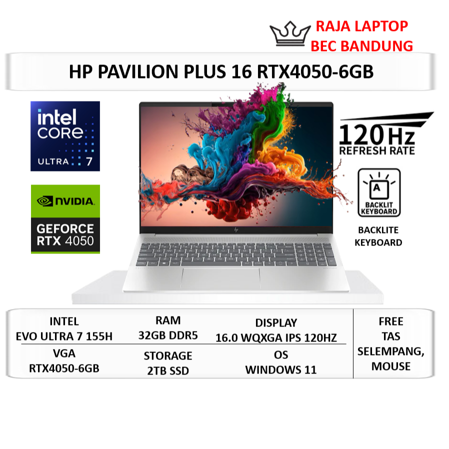 Laptop Gaming HP Pavilion Plus 16 Intel EVO Ultra 7 155H Ram 32GB SSD 2TB RTX4060-6GB 16" WQXGA IPS