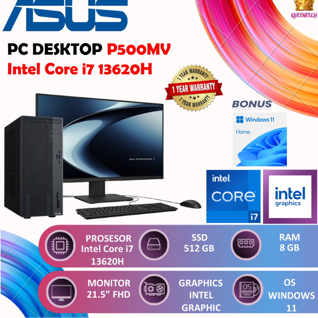 Asus PC Desktop P500MV Intel Core i7 13620H [8GB/512GB] Windows 11+Monitor LED 21.5