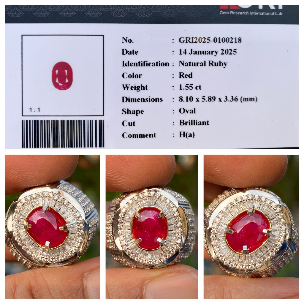 Natural 1.55ct red ruby ha memo gri microsetting