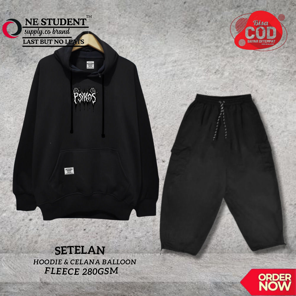 Oneset Hoodie dan Baggy Fleece Balon Pants Black Pria Wanita Distro Motif Psykos New Satu Stel Setel