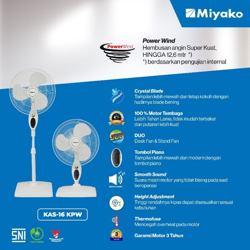Kipas angin MIYAKO KAS-16 KPW 16 Inch Berdiri & Duduk Angin turbo Kipas angin Stand fan & Desk fan